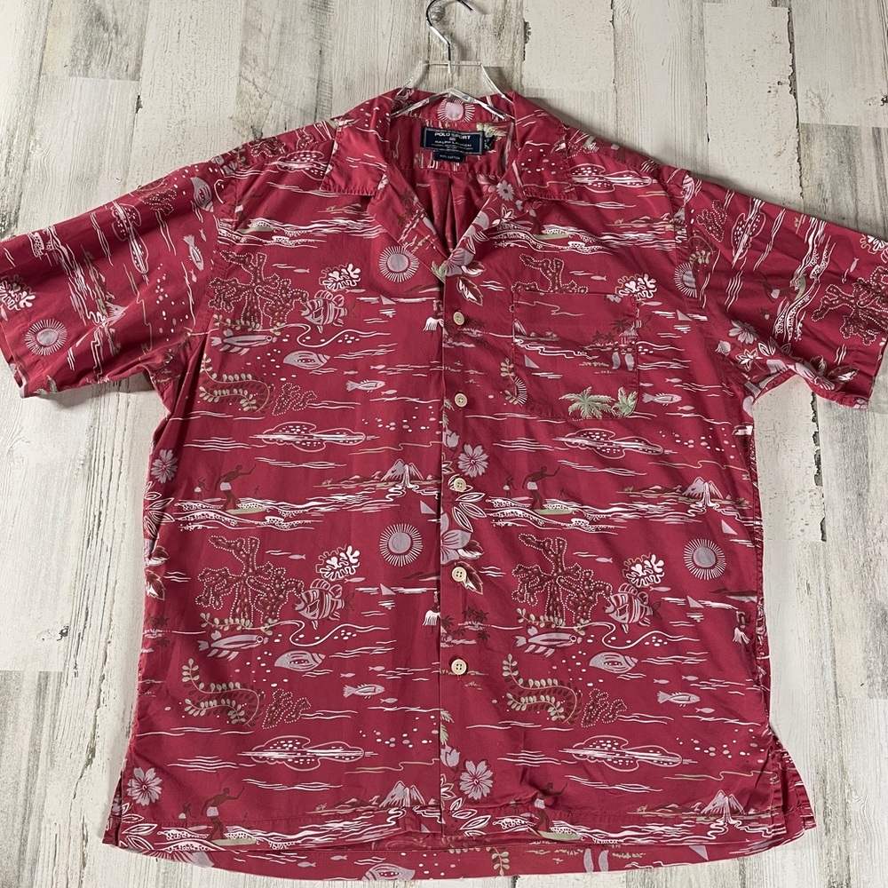 VINTAGE POLO RALPH LAUREN HAWAIIAN SHIRT SIZE L 1990s RED LUAU CORAL FISH SURF